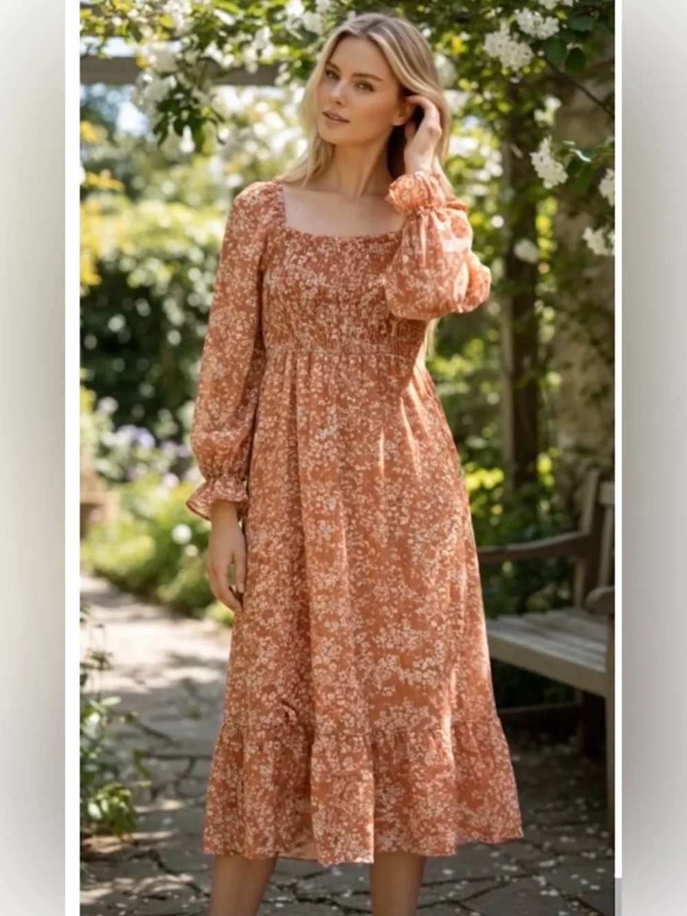 Floral Long Sleeve Dress orange peach and cream Midi bohemian NWT cottagecore L - Picture 1 of 13